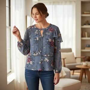 White House Black Market Blue Floral Blouse Sz M Ruffle Long Sleeve Keyhole Boho